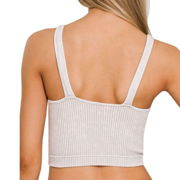 Zenana Womens Small Med‎ Sports Bra Cami Tank Bone Gray Washed Ribbed NEW - Picture 2 of 2